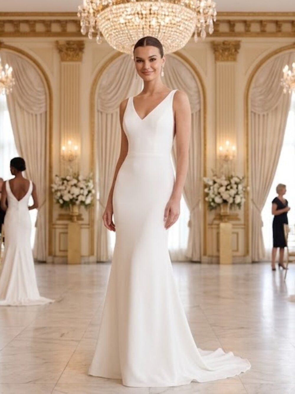JJ’s House Ivory V-Neck Crepe/Satin Trumpet Wedding Dress – Size 8